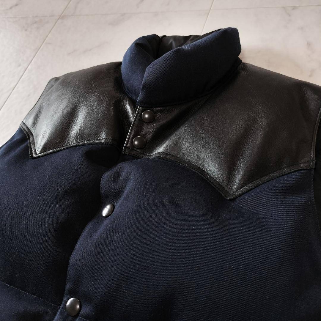 美品 ロッキーマウンテンフェザーベッド ダウンベスト 40 ネイビー レザー L メンズ ROCKY MOUNTAIN FEATHERBED レザーヨーク 日本制 黒