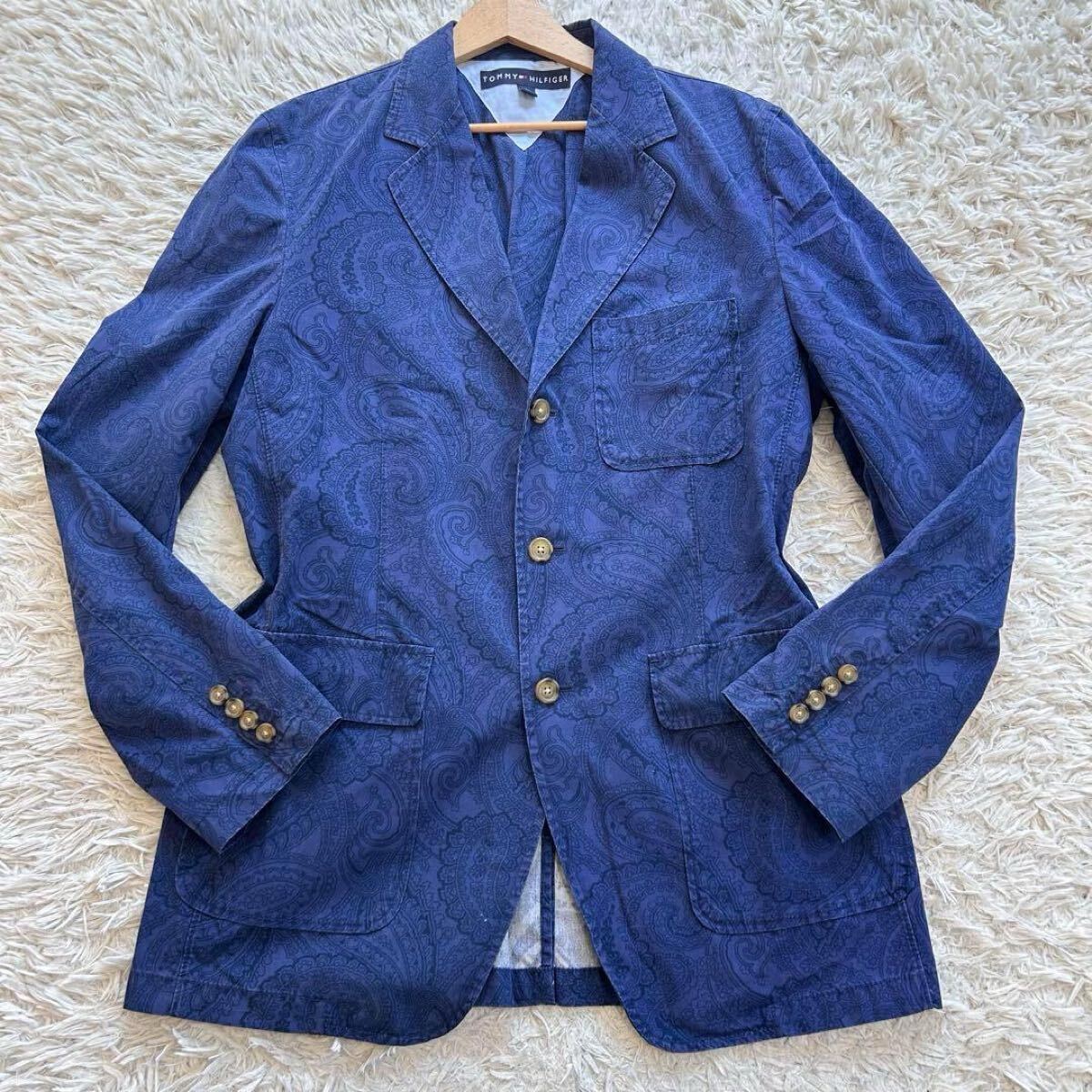 希少XL相当 TOMMY HILFIGER トミーヒルフィガー アンコンサマージャケット　テーラードジャケット ペイズリー サイズ42 ネイビー 紺 3B_画像1