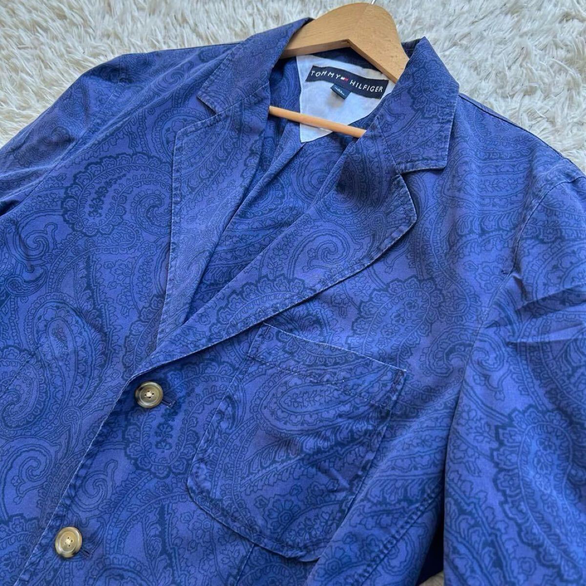 希少XL相当 TOMMY HILFIGER トミーヒルフィガー アンコンサマージャケット　テーラードジャケット ペイズリー サイズ42 ネイビー 紺 3B_画像2