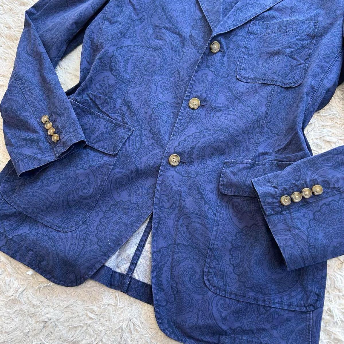 希少XL相当 TOMMY HILFIGER トミーヒルフィガー アンコンサマージャケット　テーラードジャケット ペイズリー サイズ42 ネイビー 紺 3B_画像3