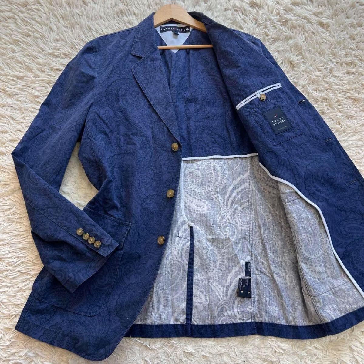 希少XL相当 TOMMY HILFIGER トミーヒルフィガー アンコンサマージャケット　テーラードジャケット ペイズリー サイズ42 ネイビー 紺 3B_画像5