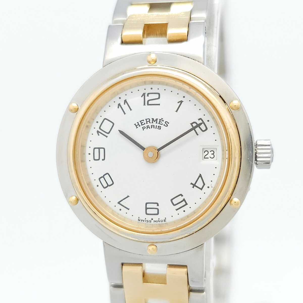 【1円スタート】HERMES エルメス クリッパー リューズ操作OK クォーツ 純正ベルト レディース 腕時計