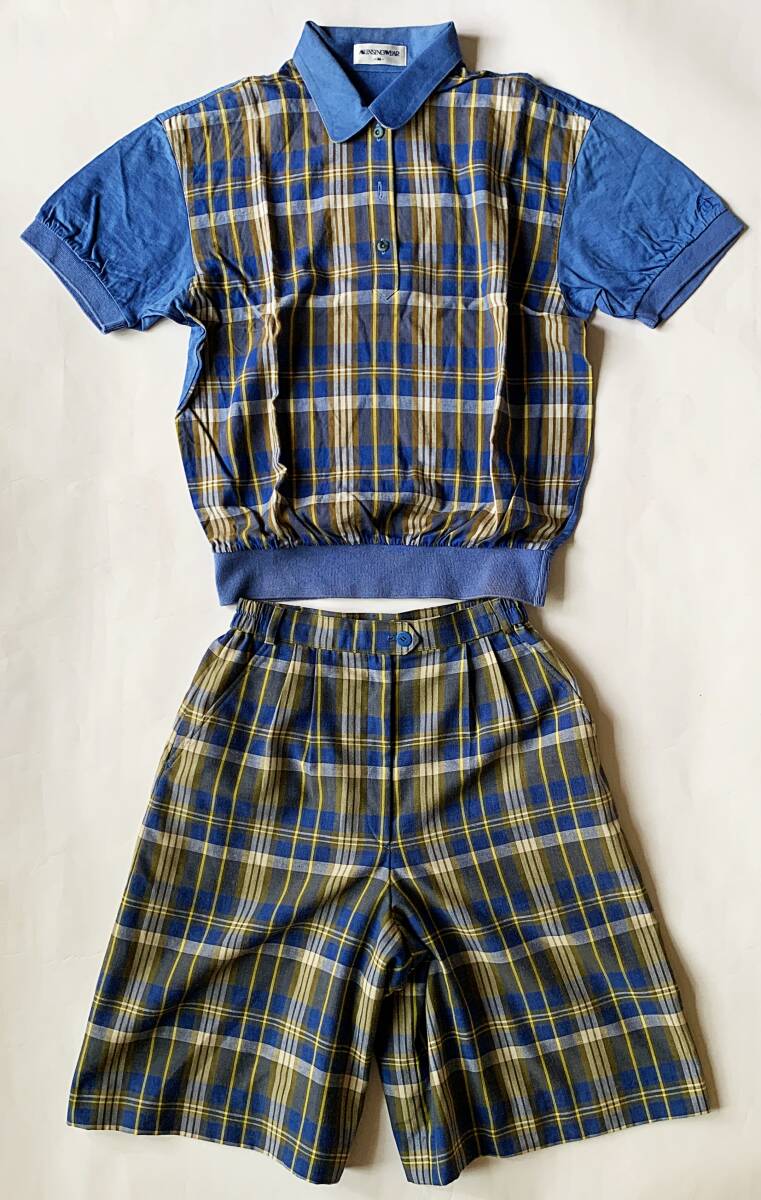 ●マンシングウェア(Munsingwear) レディース セットアップ【半袖ポロシャツ+ハーフパンツ】 Mサイズ ブルー チェック柄 ●ゴルフウェア_画像1