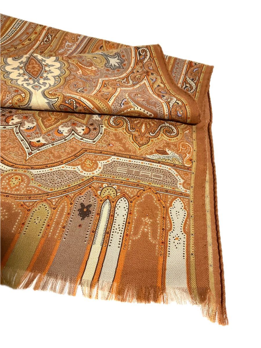 ETRO エトロ ウール×シルク マフラー イタリア製 ブラウン系 ペイズリー柄 約33×116㎝ 送料185 円〜 スカーフ _画像2