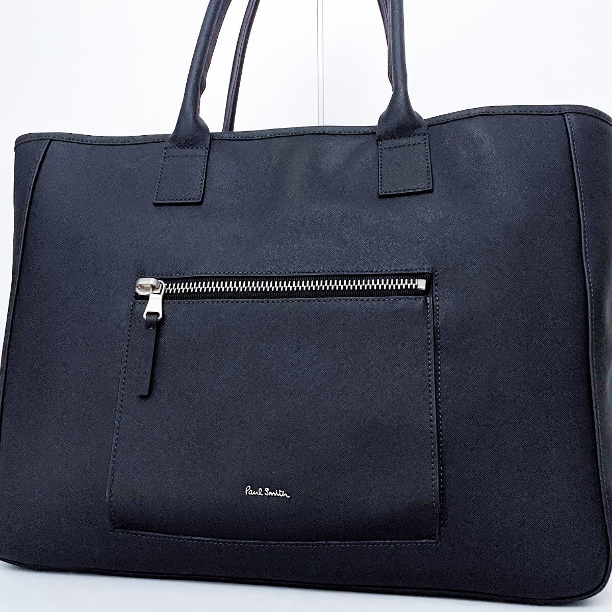 1円■超美品■超希少デザイン■Paul Smith ポールスミス オールレザー トートバッグ ビジネス 大容量 A4 メンズ レディース ブラック系