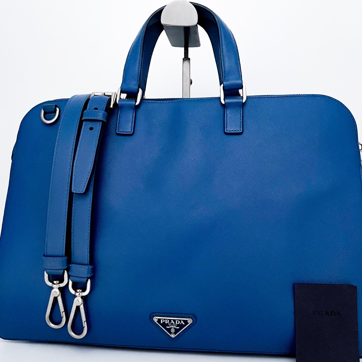 1円■超美品■幻の逸品■最高級(jí)ライン■型崩れ無し PRADA プラダ 2way サフィアーノ 自立 トートバッグ ビジネス A4 メンズ レザー ブルー