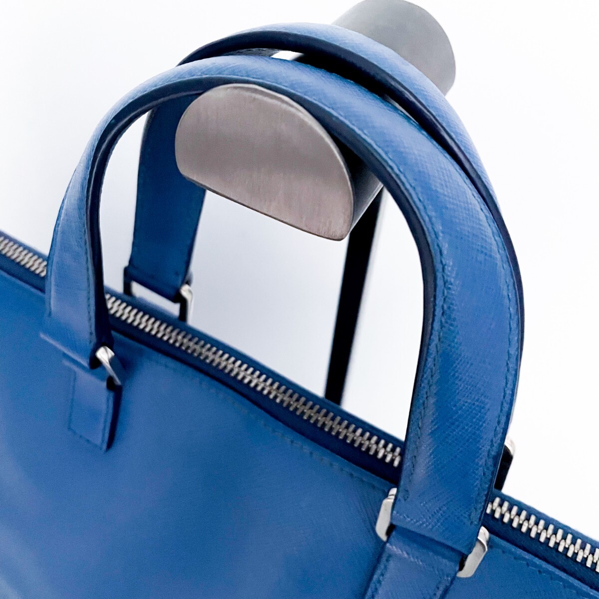 1円■超美品■幻の逸品■最高級(jí)ライン■型崩れ無し PRADA プラダ 2way サフィアーノ 自立 トートバッグ ビジネス A4 メンズ レザー ブルー