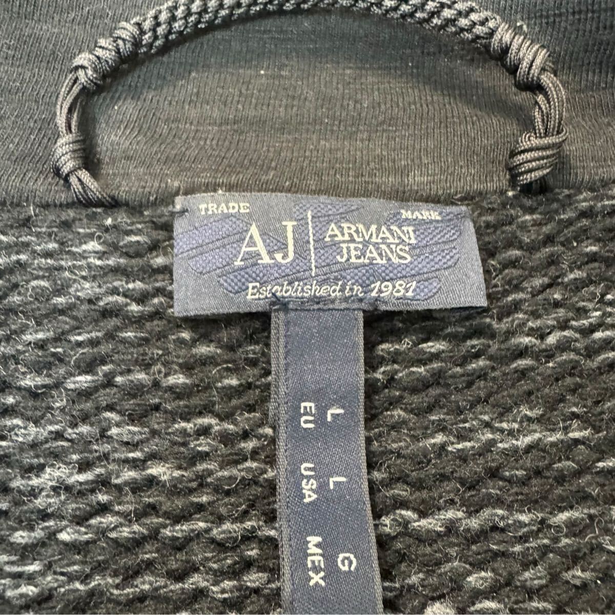 EA05 美品/L相當(dāng)!!【ARMANI JEANS/アルマーニ】メランジ ニット ショールカラー カーディガン ジャケット ロゴプレート メンズ ブラック系