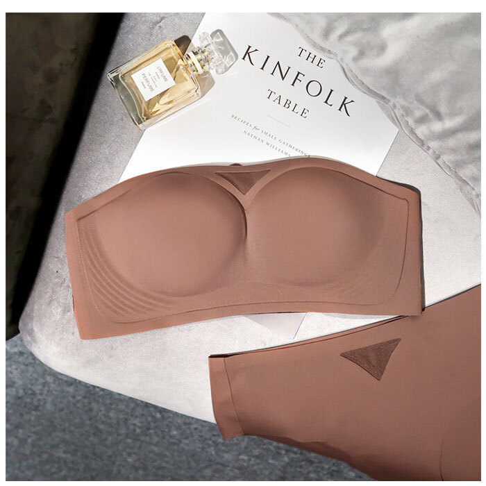 ☆ コーヒー ☆ 75/34AB ☆ ブラジャー＆ショーツ 脇高 ノンワイヤー mmbrak20619c ストラップレスブラ 落ちない ショーツ セット_画像6