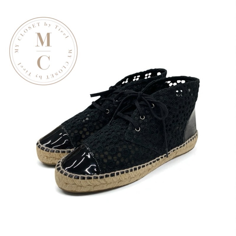 シャネル CHANEL スニーカー 靴 シューズ ファブリック パテント ブラック 黒 ココマーク エスパドリーユ レース_画像1