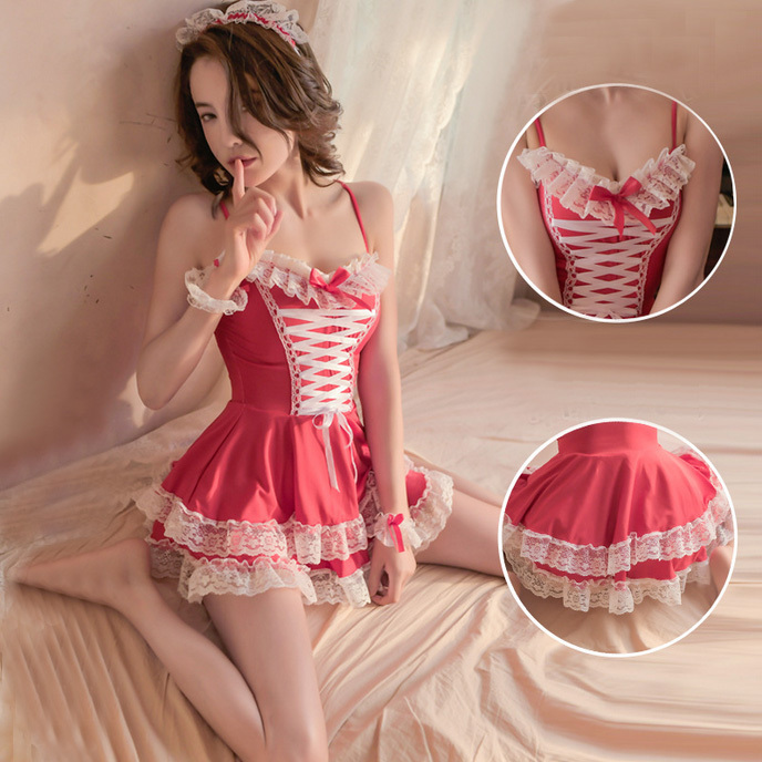 nH007 超セクシー 悩殺 メイド服 制服【ワンピース?ショーツ?腕輪?髪飾り 4點(diǎn)セット】 ミニスカート コスプレ衣裝 ベビードール 