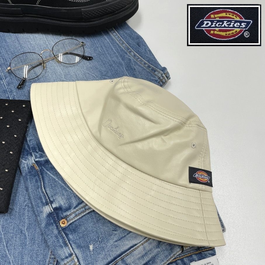 Dickies ベージュ バケットハット 帽子 フェイクレザー ブラックタグ スポーツゴルフ アウトドアキャンプ バイク 釣り 刺繍 ディッキーズ_画像1