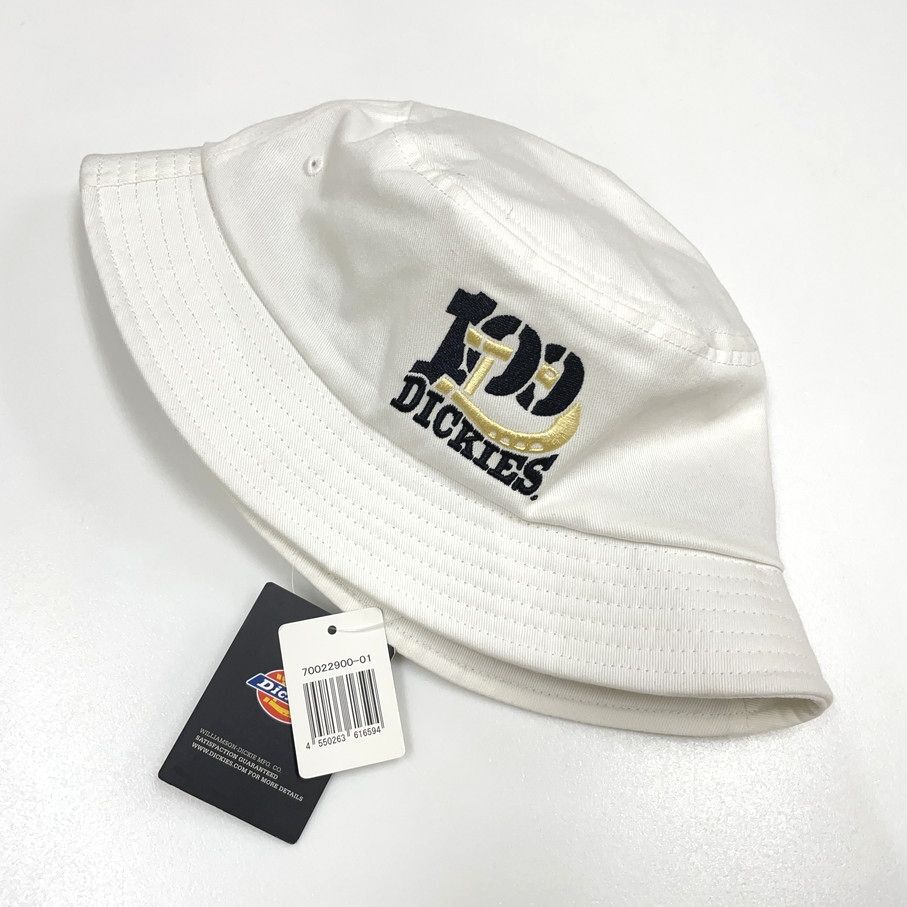 Dickies ホワイト バケットハット タグ付き 帽子スポーツゴルフバイク キャンプ アウトドア オートバイ ブラックゴールド刺繍 ディッキーズ_画像2