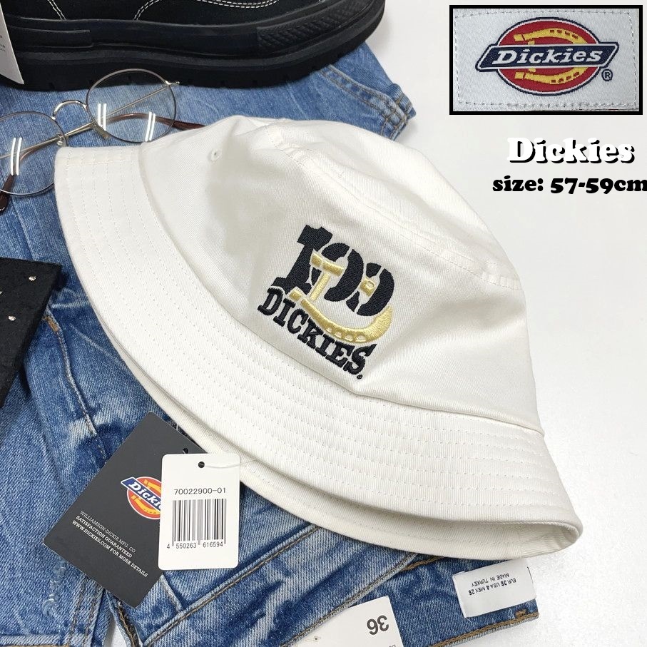 Dickies ホワイト バケットハット タグ付き 帽子スポーツゴルフバイク キャンプ アウトドア オートバイ ブラックゴールド刺繍 ディッキーズ_画像1