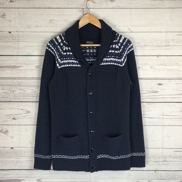 ジャーナルスタンダード★襟元民族柄/ショールカラーカーディガン【L/紺×白】メンズ/ニットジャケット◆BA54-B_画像1