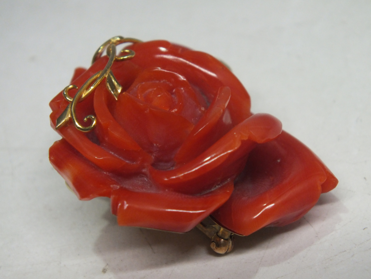 血赤珊瑚 K18 18金 細(xì)密薔薇彫刻 ブローチ 重量20.1g 最高級(jí)珊瑚/サンゴ/さんご