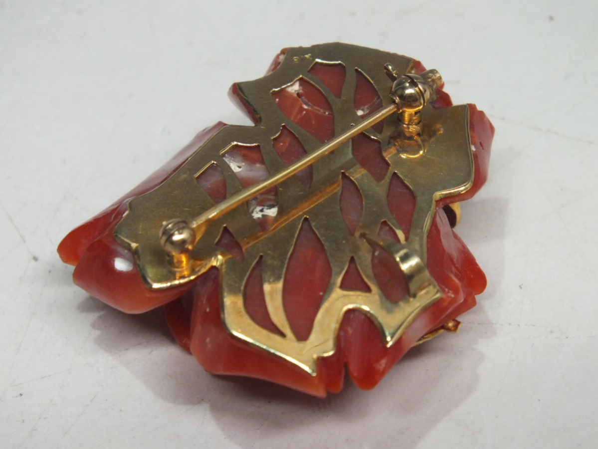 血赤珊瑚 K18 18金 細(xì)密薔薇彫刻 ブローチ 重量20.1g 最高級(jí)珊瑚/サンゴ/さんご