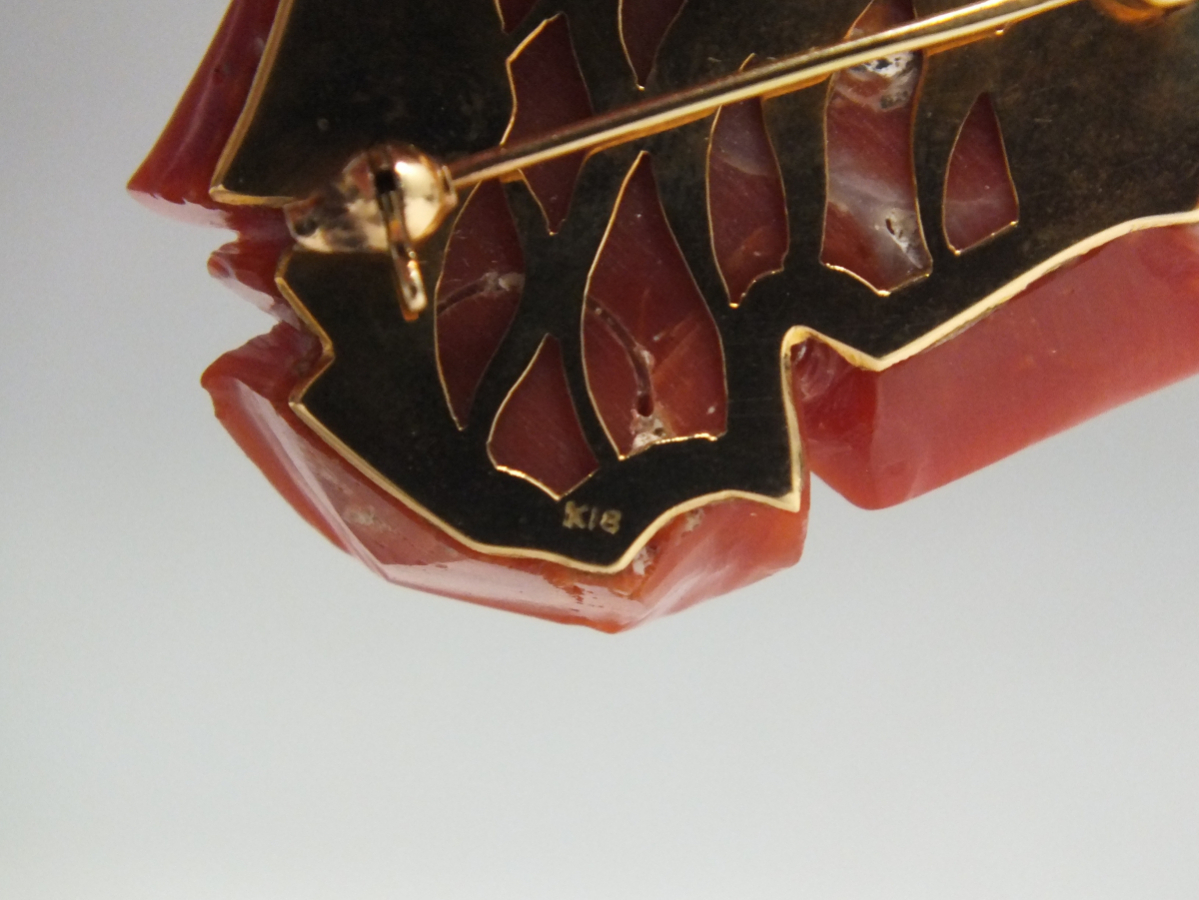 血赤珊瑚 K18 18金 細(xì)密薔薇彫刻 ブローチ 重量20.1g 最高級(jí)珊瑚/サンゴ/さんご