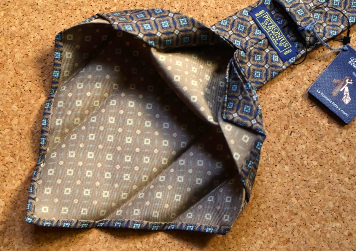 未使用 ミラノ Petronius1926 ペトロニウス 11折 ウンディチピエゲ 総柄小紋 広義でのアズーロエマローネ_画像2