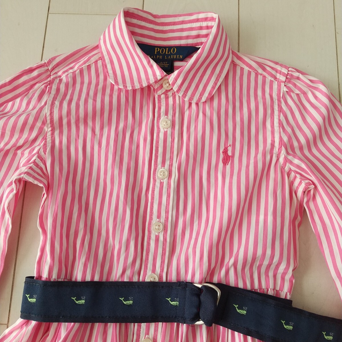 ポロラルフローレン キッズ 3/3T/100 ピンクストライプ シャツワンピース_画像2