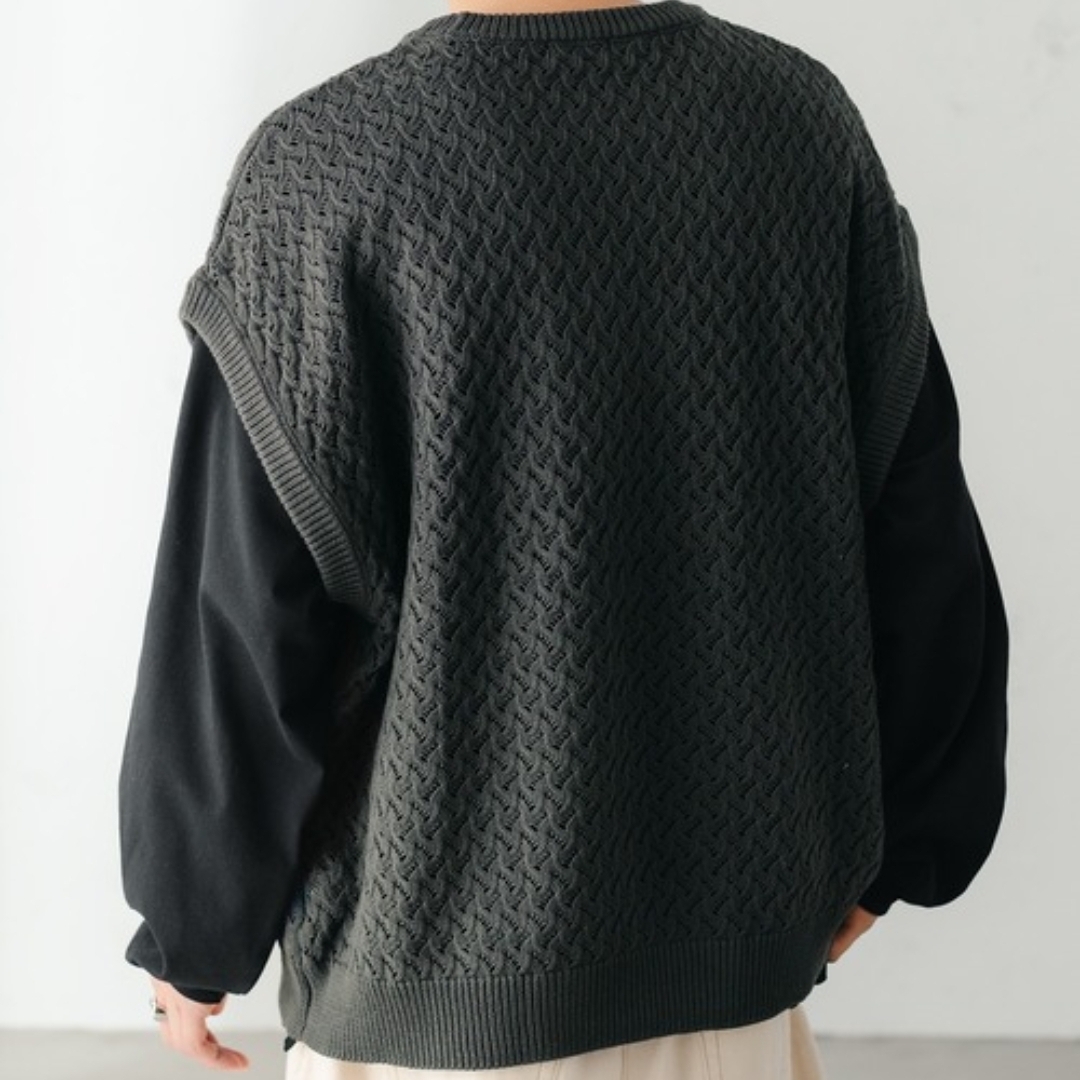 d3 新品/送料無料★epnok 3850円★定番 シアー編み クルーネック ニットベスト メンズ Lサイズ ベージュ 男女兼用_画像4