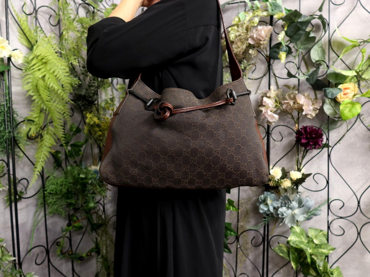 ●美品●GUCCI グッチ●ホースビット●GGデニム カーフ レザー 本革●ワンショルダー バッグ●ダークブラウン●肩掛け●B5 かばん●Js60800