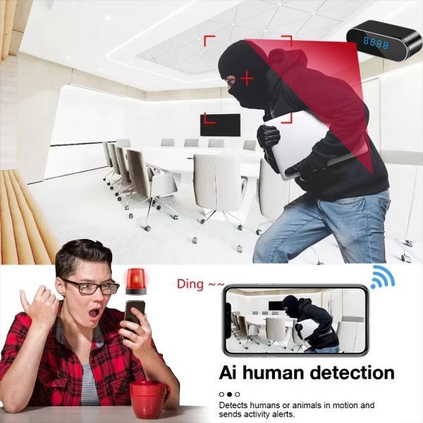 【送料無料】カメラ付き時(shí)計(jì) ワイヤレスホームカメラ 赤外線暗視 モーション検出 4Kカメラ 防犯/盜撮/小型カメラ（128GB SDカード付屬）