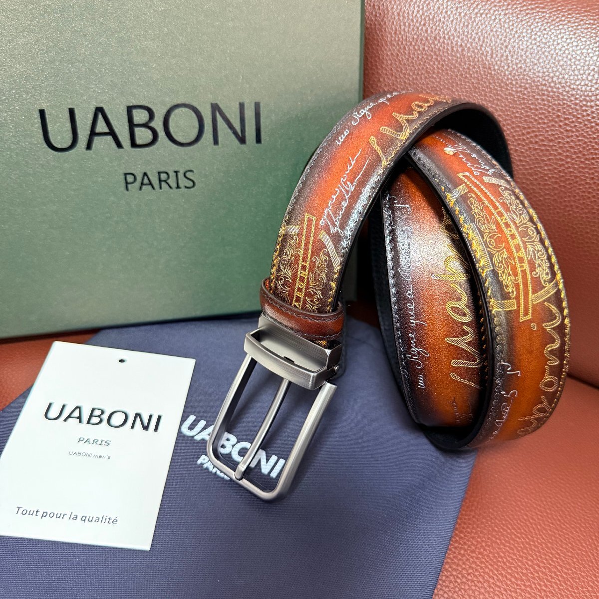 貴重品 EU製 定価9万◆UABONI*ユアボニ*幻のパティーヌ*ベルト◆レザー カーフスキン 手染 ゴールデン 調節可能 スーツ ビジネス 紳士用_画像1