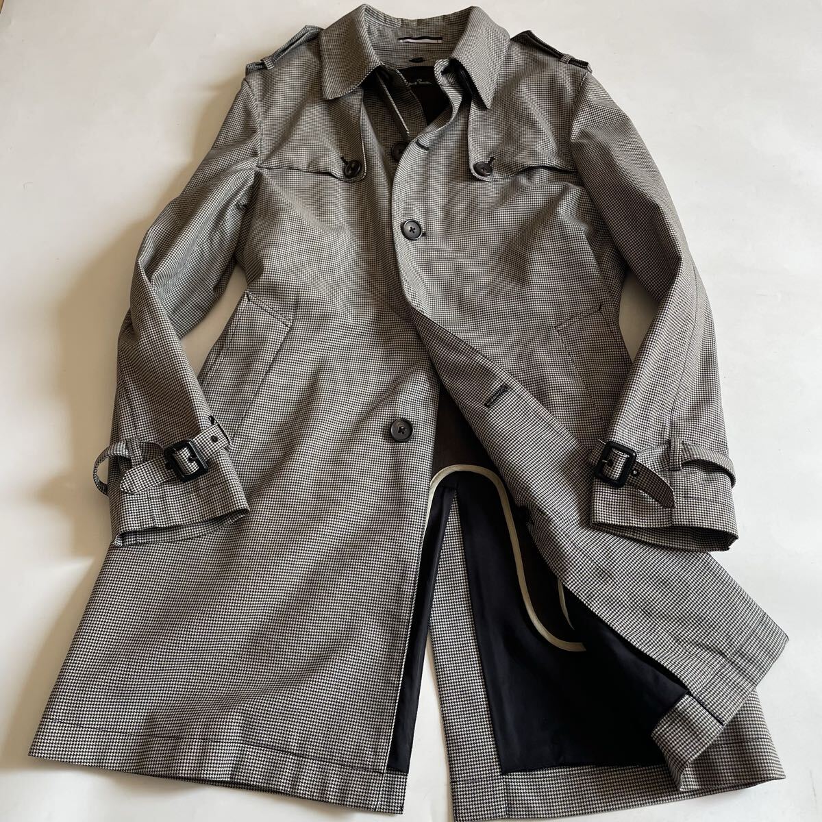 Paul Smith ポールスミス 千鳥柄 トレンチコート ウールライナー(著脫可) Lサイズ グレー系 ラグランスリーブ メンズ ロングコート 秋冬