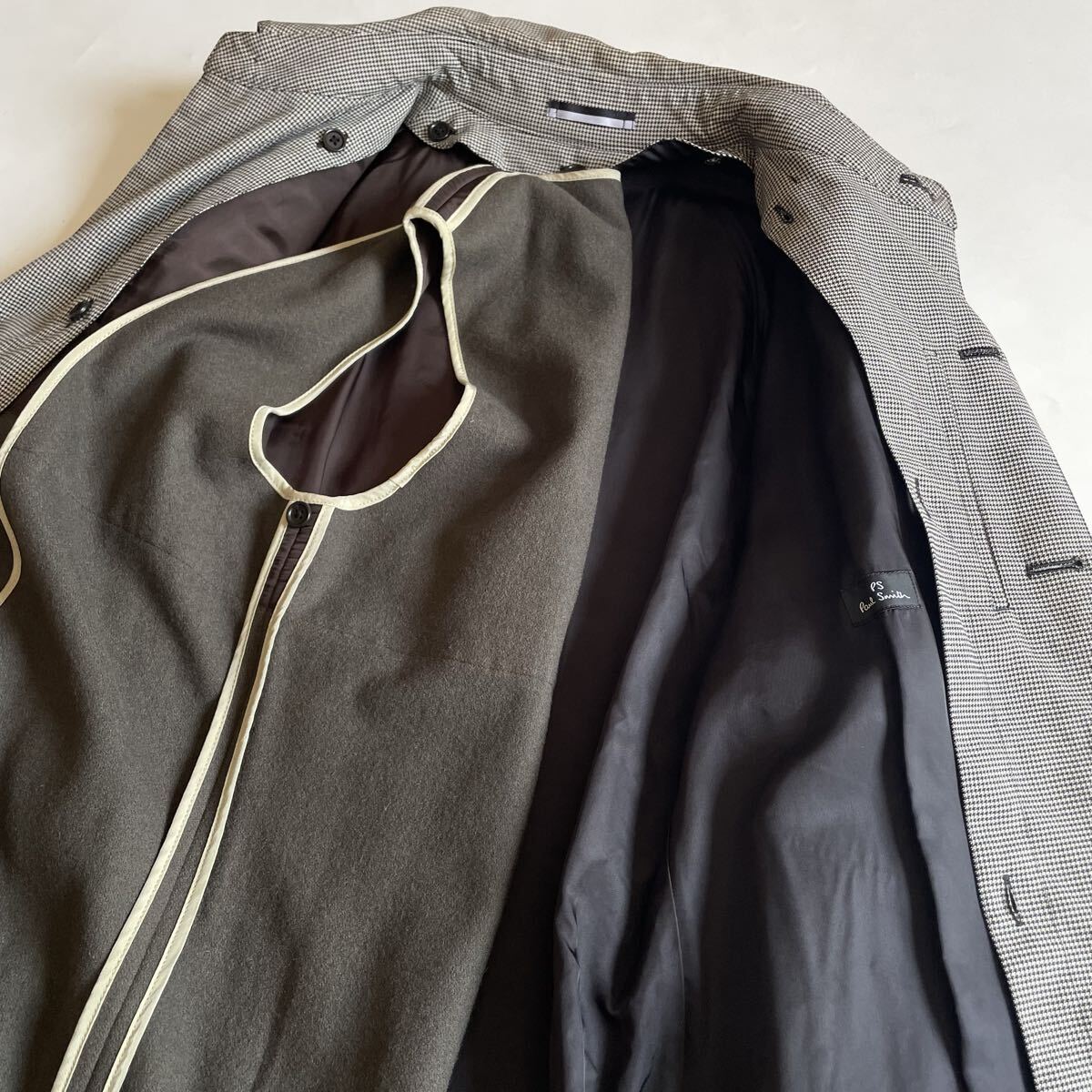 Paul Smith ポールスミス 千鳥柄 トレンチコート ウールライナー(著脫可) Lサイズ グレー系 ラグランスリーブ メンズ ロングコート 秋冬