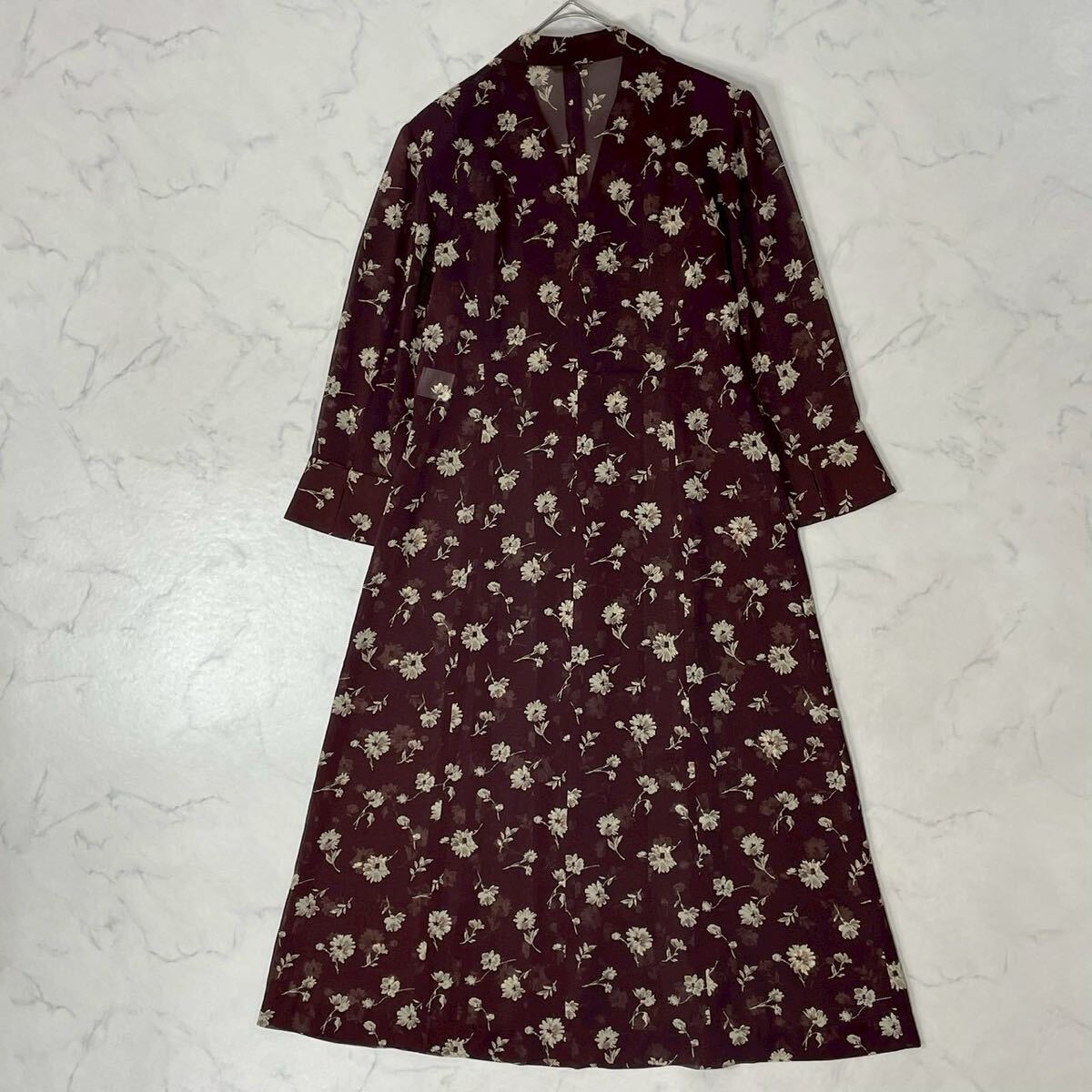 美品 Aquascutum アクアスキュータム 日本製 切替 花柄 ボタン 肩パット 開襟 透け感 長袖 ロング ワンピース ブラウン ベージュ_画像9