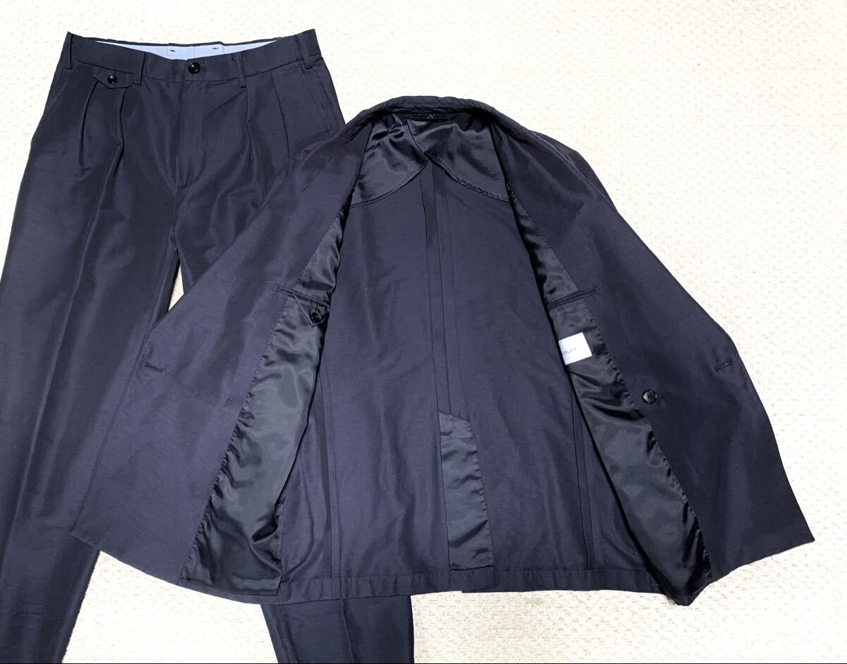 極上:MORLES(モアレス/ビームス×洋服の青山).ダブル スーツ L(縦ストレッチ/リネン混/2タック パンツ/肩46幅54/W87股下71/ring jacket)