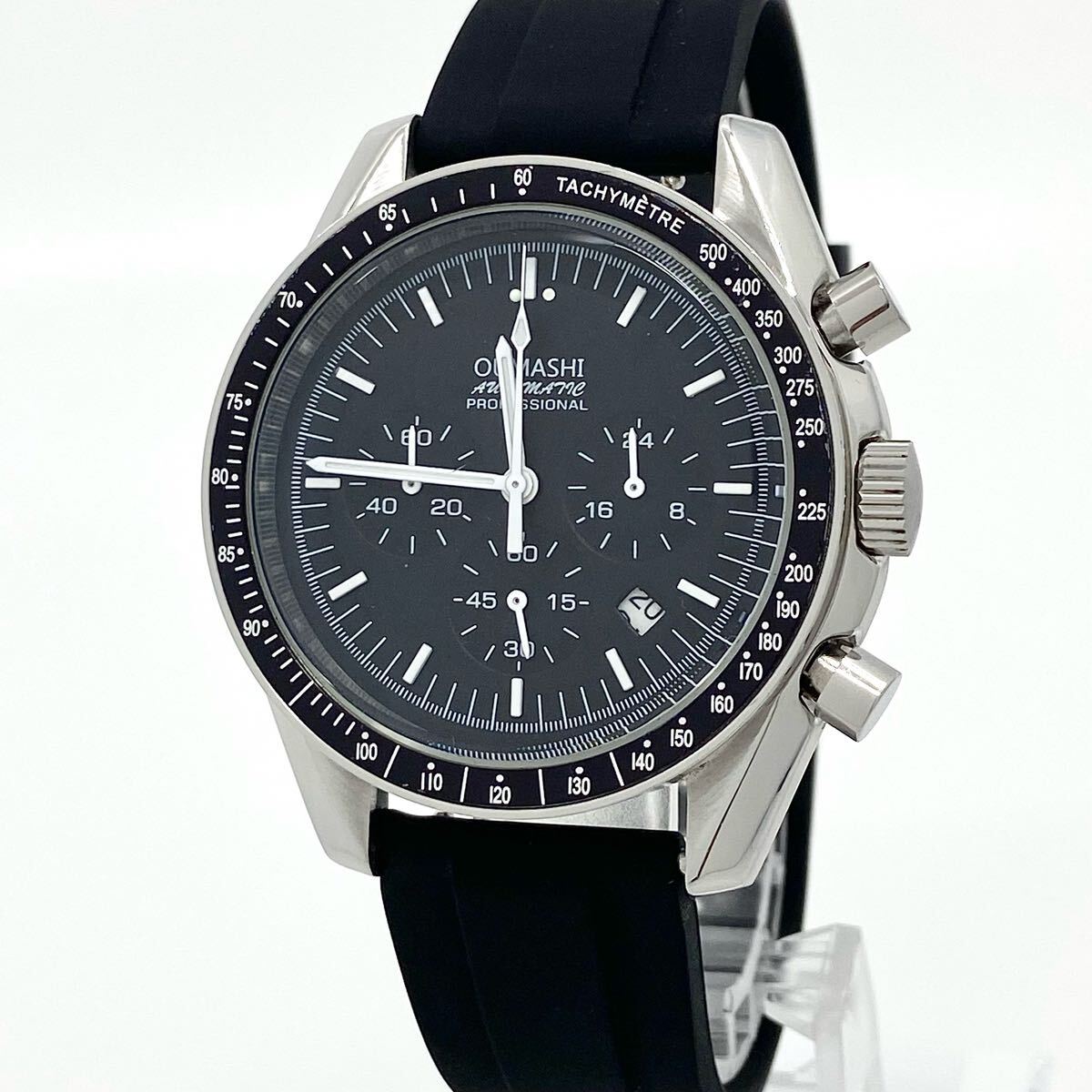 腕時計 メンズ OUMASHI クォーツ quartz クロノグラフ デイト ブラック black シルバー silver Watch Y3668