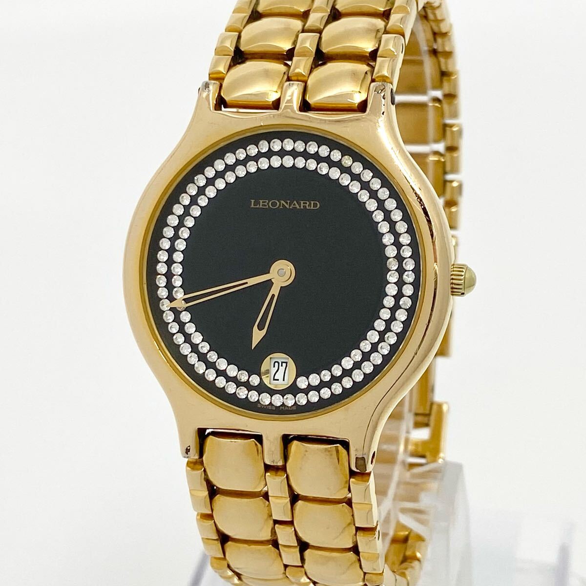 腕時計 レディース LEONARD 18K GP クォーツ quartz Swiss デイト ストーン 黒文字盤 ゴールド 18金 GOLD レオナール Watch Y3708
