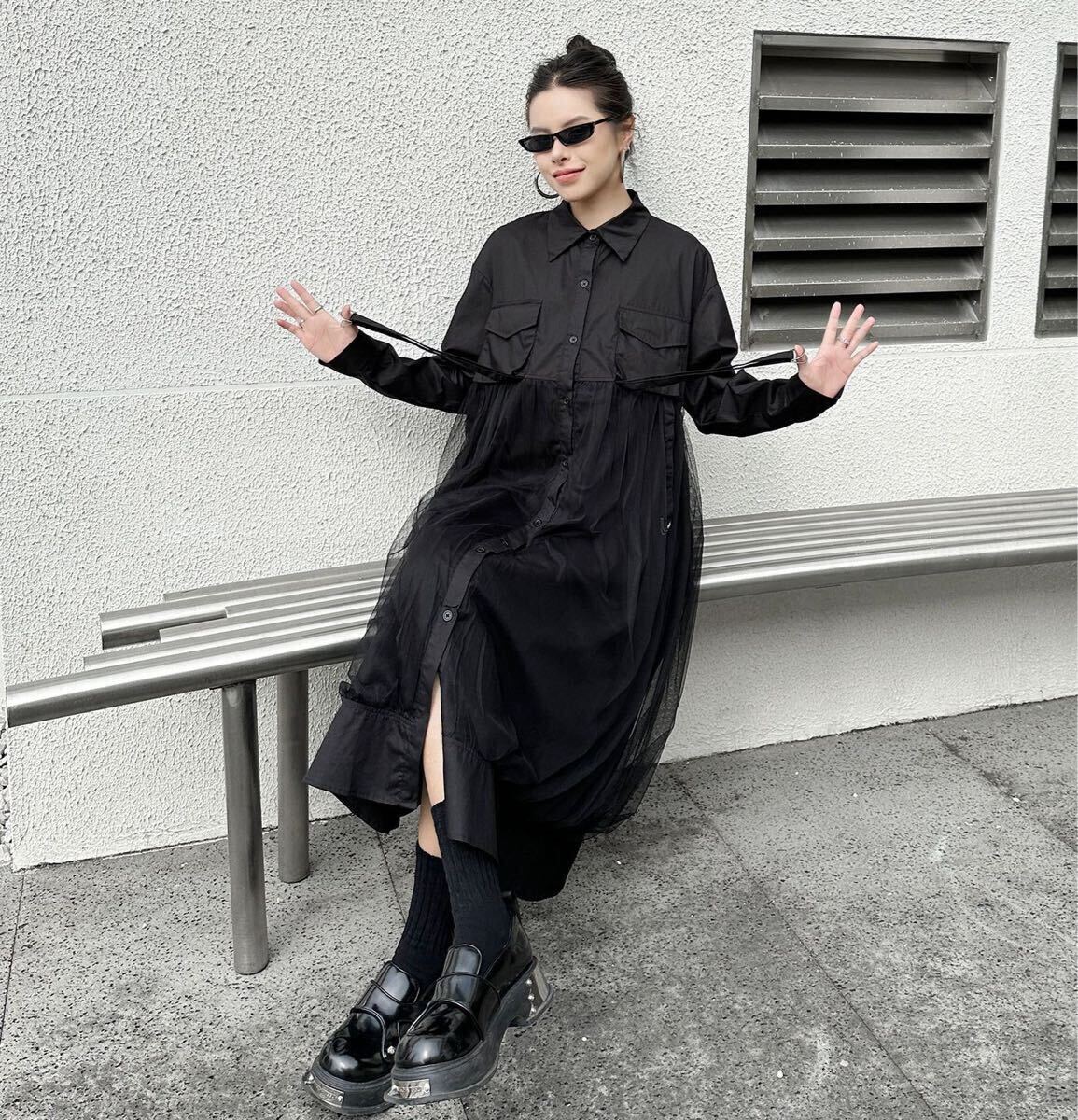 ロング丈　シャツワンピース リング付き　レース重ね着風　ブラック　大きいサイズ_画像7