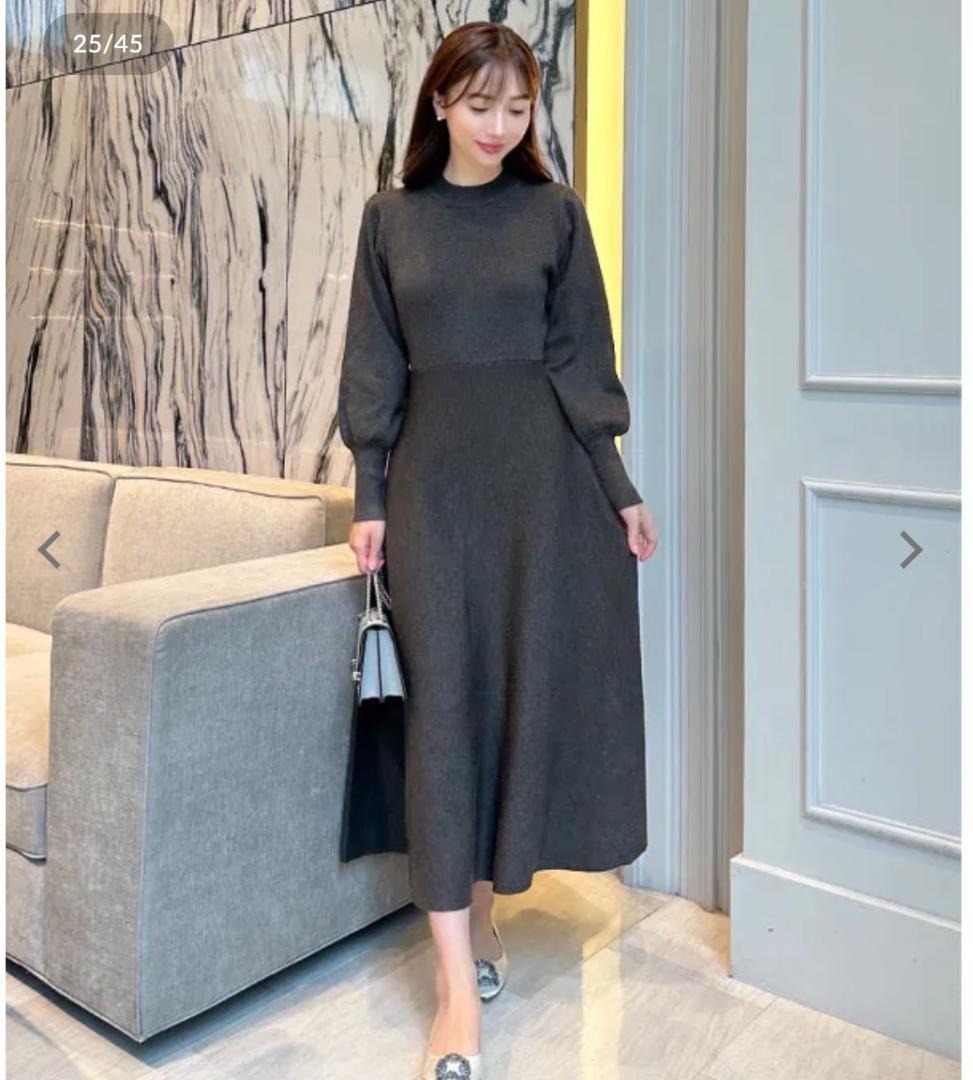 神戸レタス【岡部あゆみコラボ】フレアニットワンピチャコールグレー ボートロング_画像2