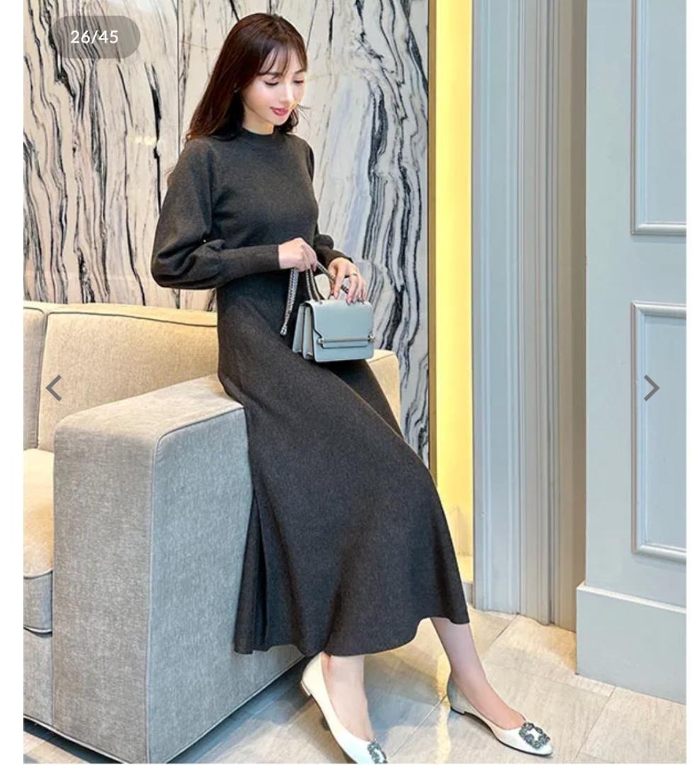 神戸レタス【岡部あゆみコラボ】フレアニットワンピチャコールグレー ボートロング_画像1