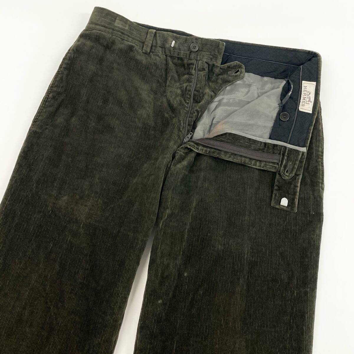 35i9 HERMES エルメス イタリア制 コーデュロイストレートパンツ ボトムス 42 カーキ オリーブ系 メンズk02i