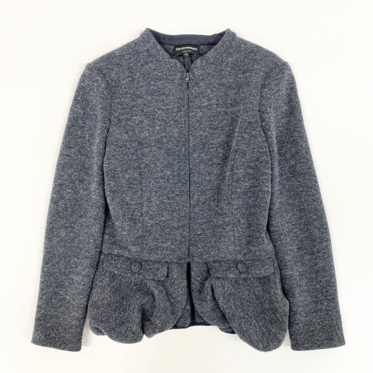 5i12 EMPORIO ARMANI エンポリオアルマーニ ジップアップ ウールジャケット フリルブルゾン 40 グレー レディースu02t_画像1