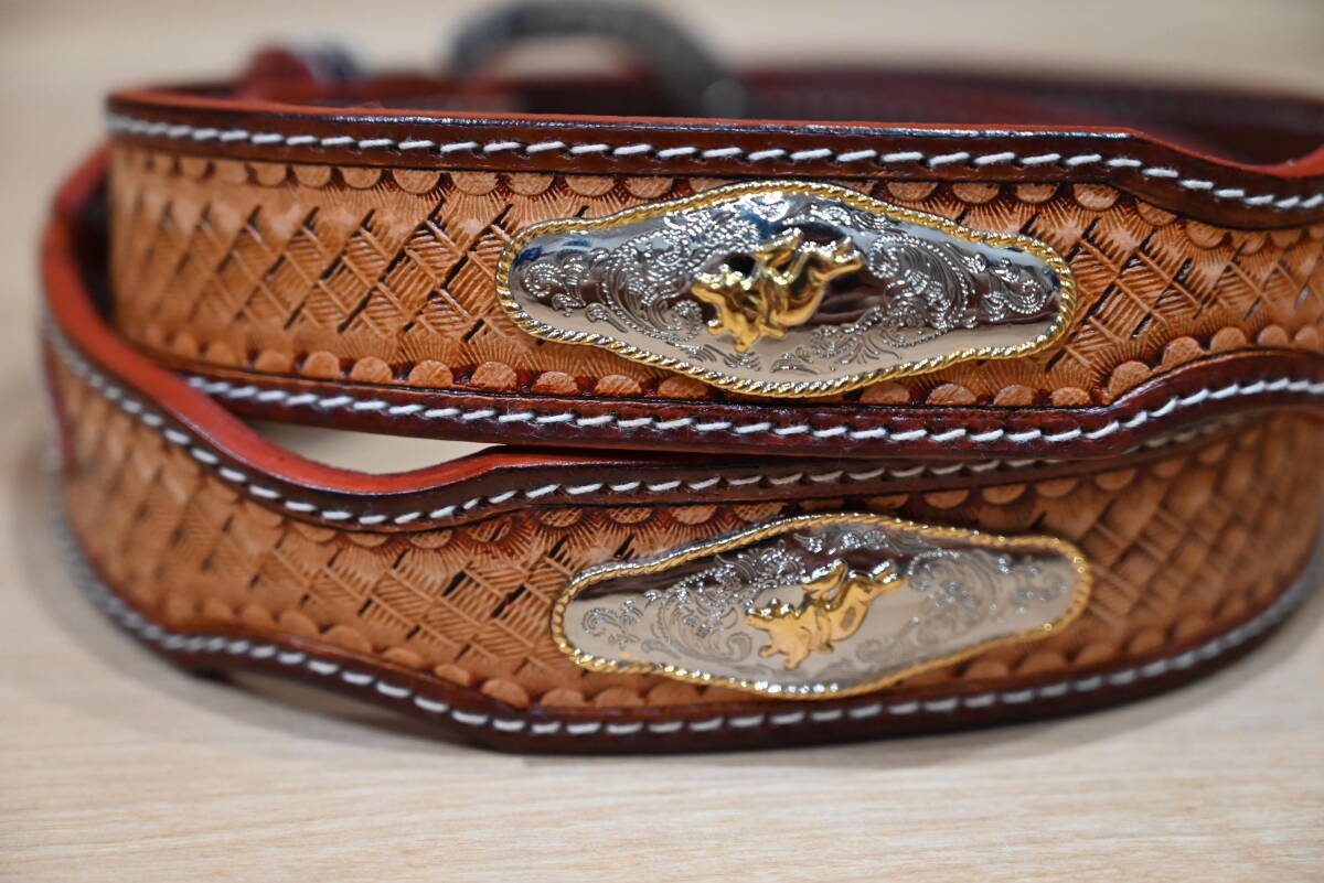 ★ハンドメイド　レザー　網目柄　ロデオコンチョ付き　ウエスタンベルト★ブラウン！_画像3