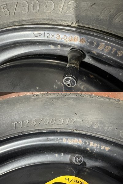 ★2019年製!! S321V ダイハツ ハイゼット 純正 12インチ スペア ホイール 1本 12×3J PCD100 4穴 ハブ径54 テンパー タイヤ T125/90D12_画像8
