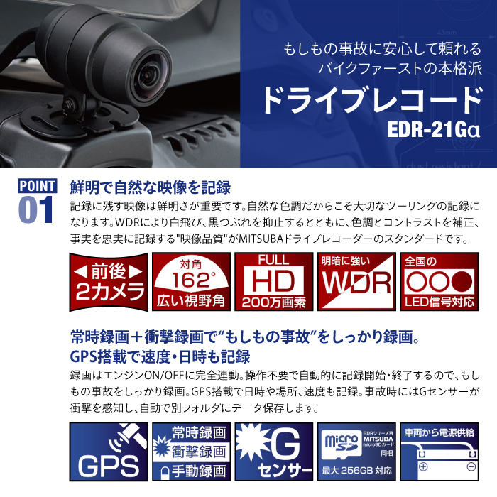 MITSUBA EDR-21Ga ミツバサンコーワ 二輪車用ドライブレコーダー (2カメラ+GPS) 防犯 ドラレコ ミツバ ドライブ バイク ツーリング_画像2