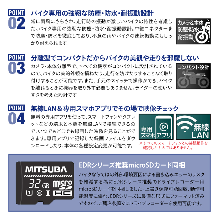 MITSUBA EDR-21Ga ミツバサンコーワ 二輪車用ドライブレコーダー (2カメラ+GPS) 防犯 ドラレコ ミツバ ドライブ バイク ツーリング_画像3