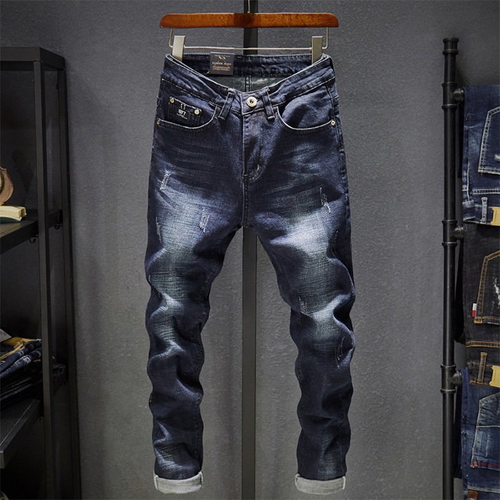 デニム メンズ ダメージ パンツ ジーンズ ジーパン フィット ストレッチ スリム スキニー W34 ヴィンテージ ネイビー ブルー 濃紺