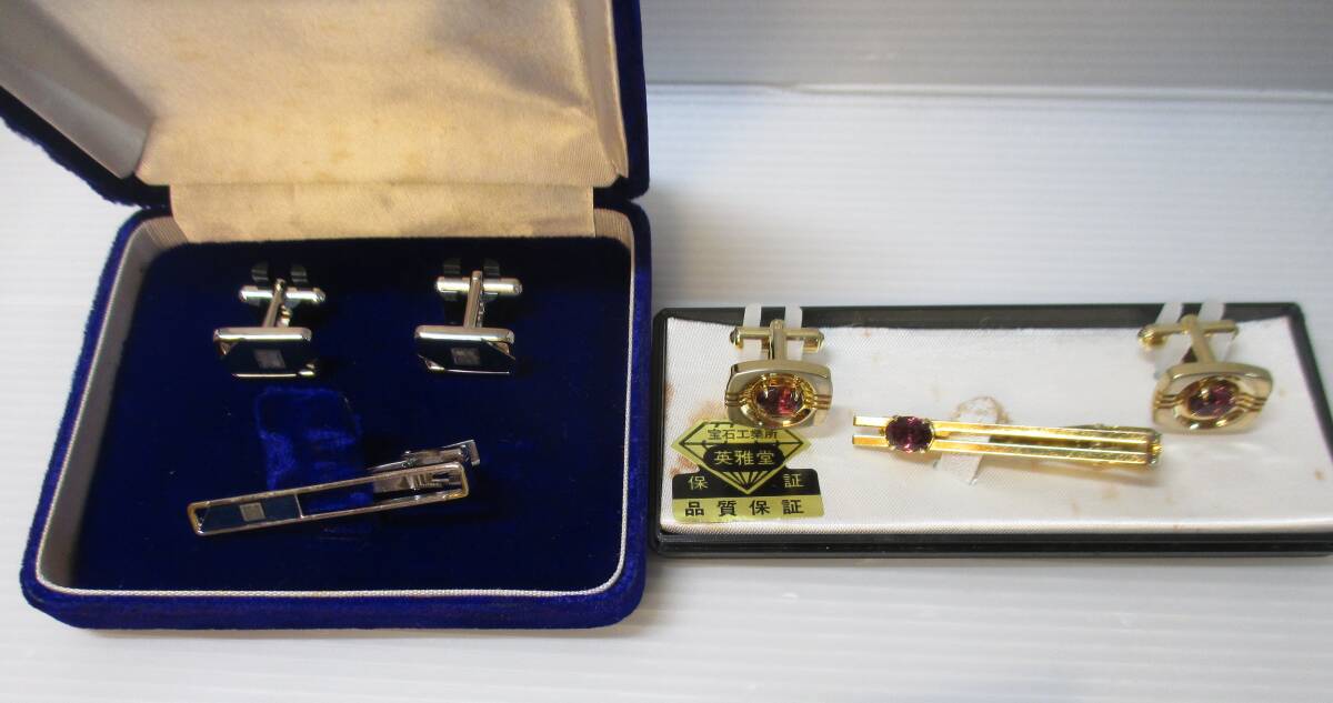 天然石 アメジスト NEC カフス＆タイピンセット 二点まとめて_画像1