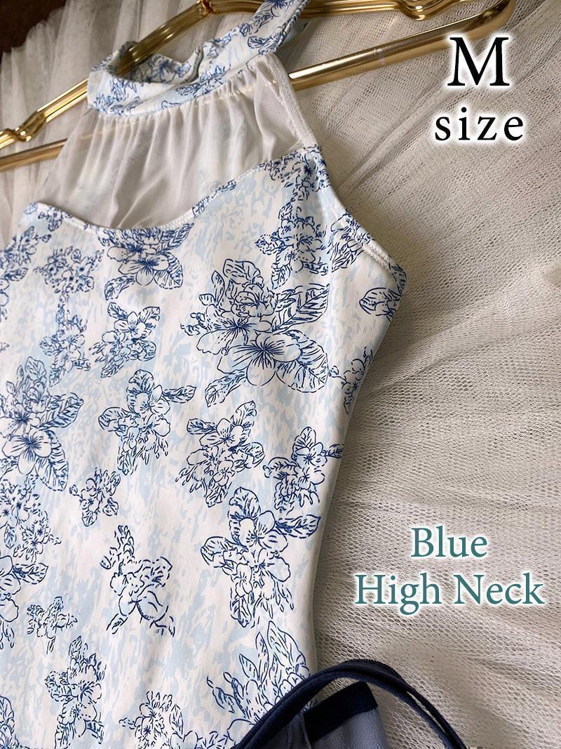 バレエ　レオタード　ブルー系　花柄ハイネック　M size