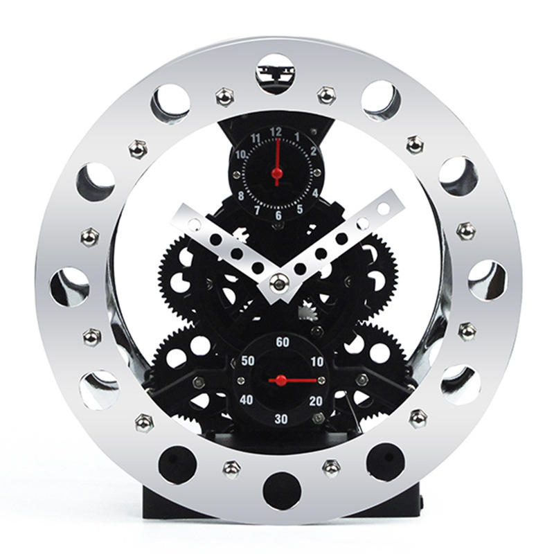 適切な価格 置時計クリエイティブファッションビッグ機械式ギア時計 素材デスククロック　黒シルバーギアクロック　【色：Blak White】※送料無料 一般