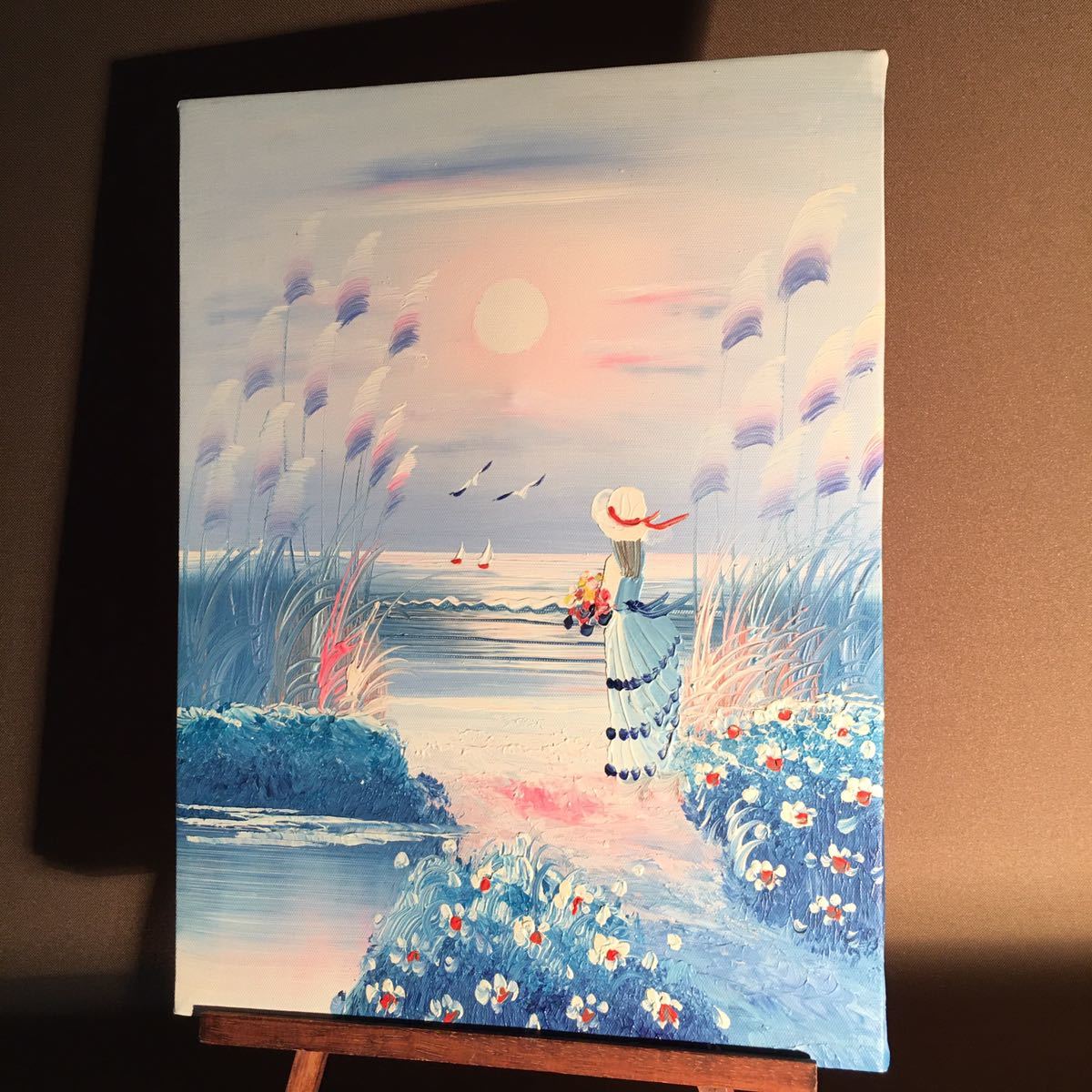 ヤフオク! - 手書き油絵 海を眺める少女 インテリア 絵画 置物