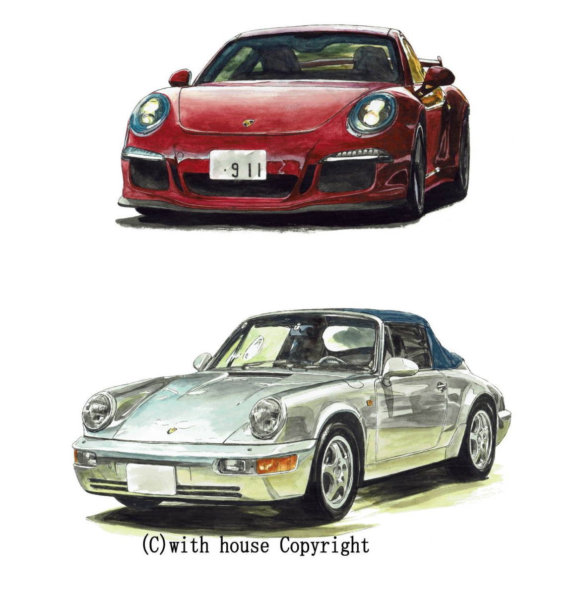 GC-1165 ポルシェ911 GT3/964カブリオレ・GC-1166 964/959限定版画300部 直筆サイン有 額装済●作家 平右ヱ門 希望ナンバーをお選び下さい