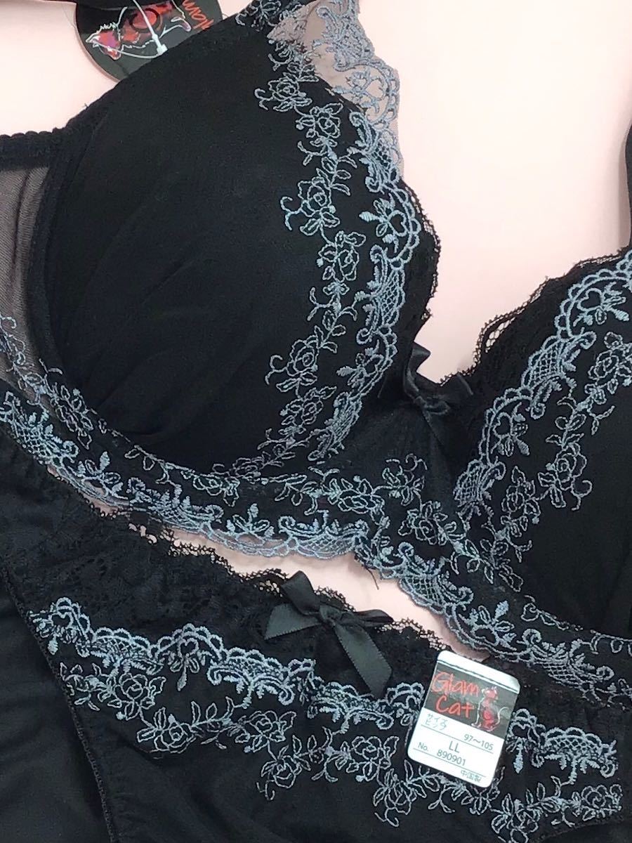 ブラ&ショーツセットE85 黒の花柄レースシフォン×アラベスク刺繍が綺麗♪